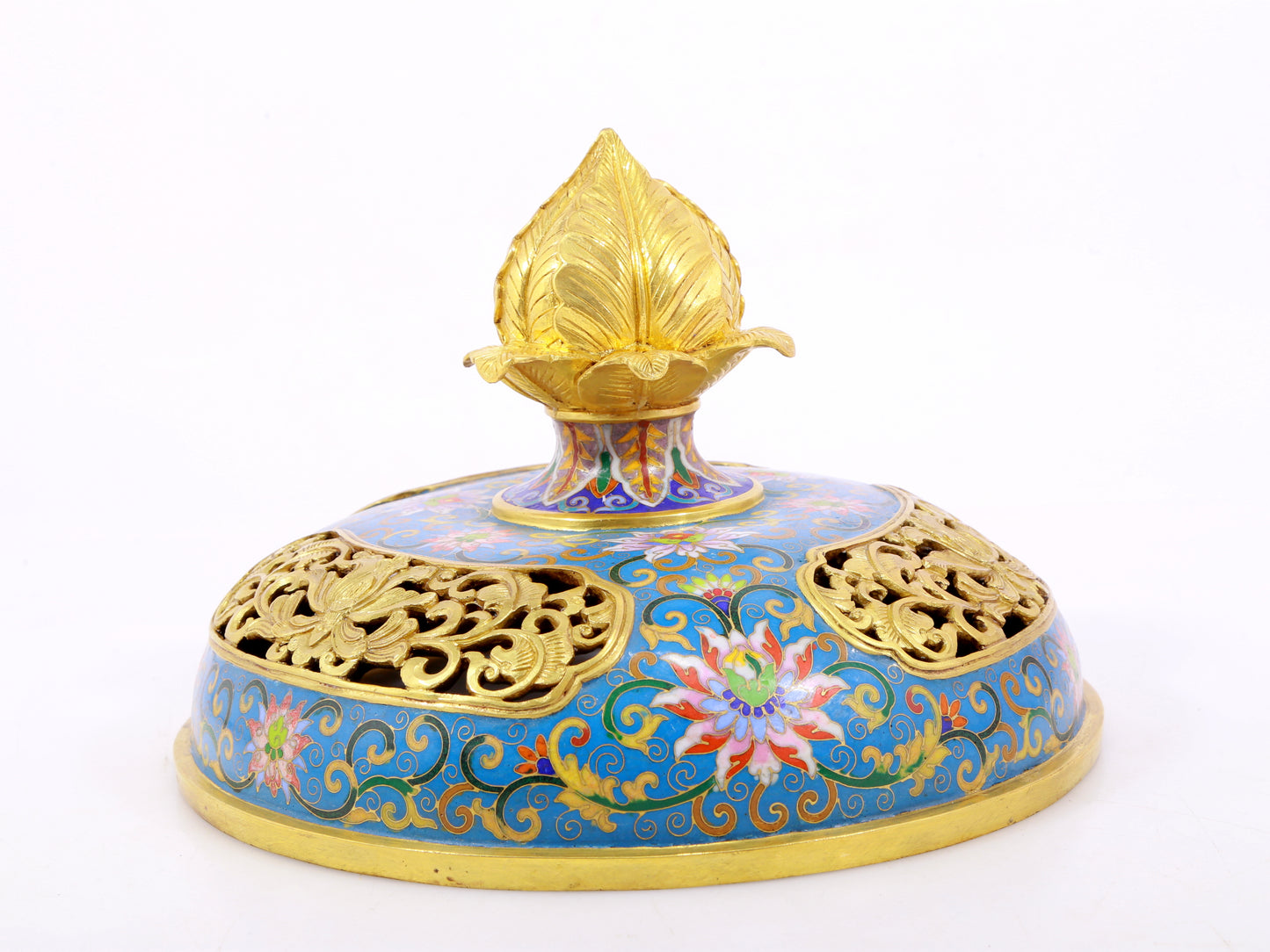 Cloisonné flower and bird pattern double-eared three-legged incense burner with lid