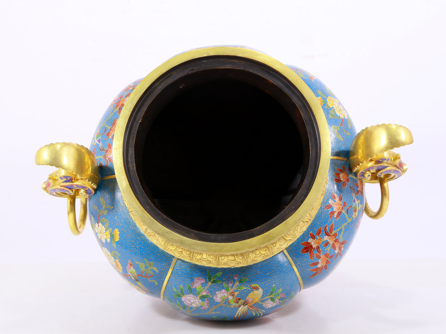 Cloisonné flower and bird pattern double-eared three-legged incense burner with lid