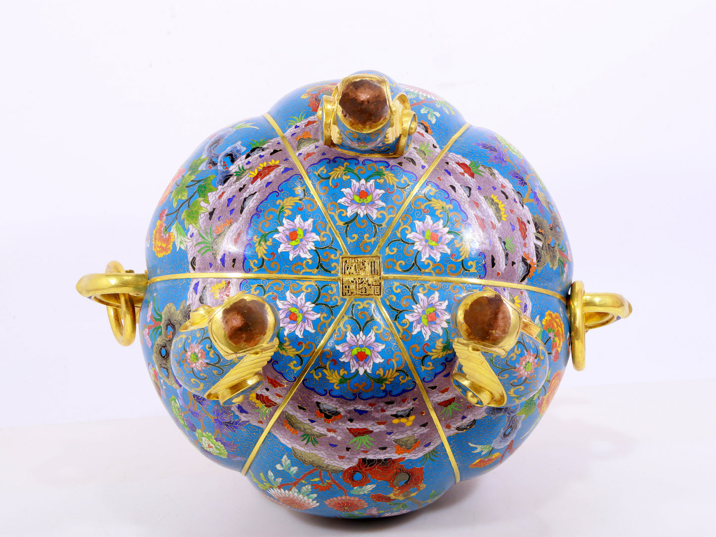 Cloisonné flower and bird pattern double-eared three-legged incense burner with lid