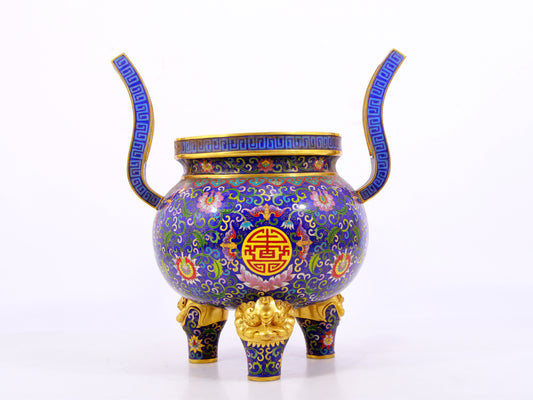 A cloisonné bat pattern two-eared three-legged incense burner