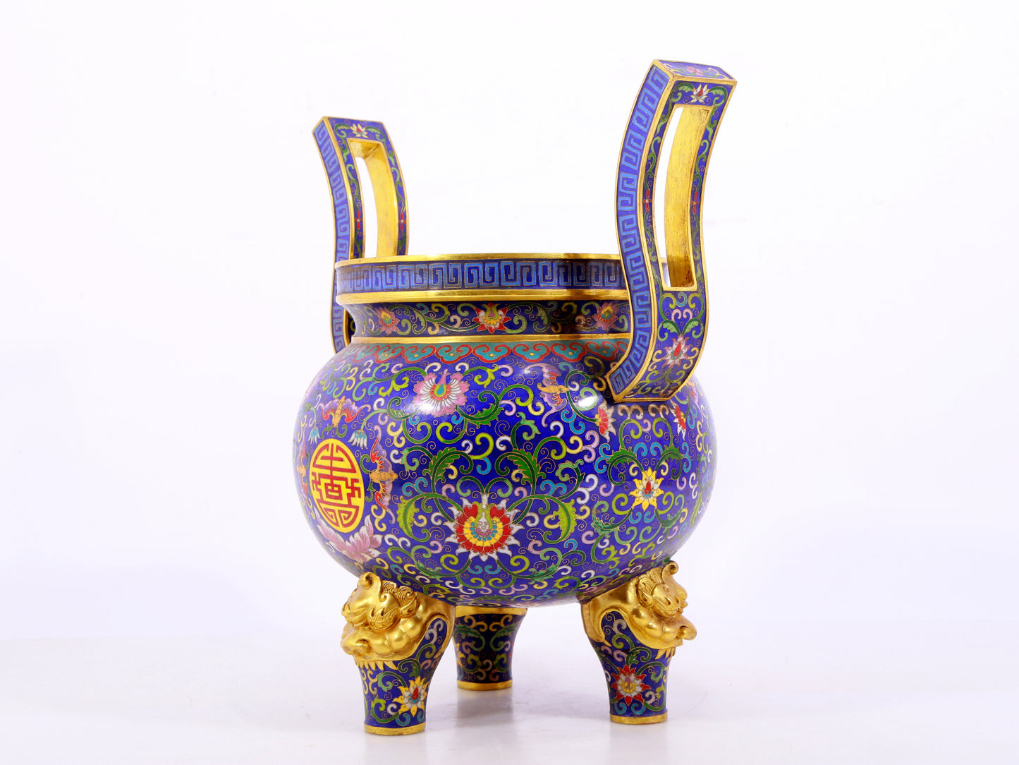 A cloisonné bat pattern two-eared three-legged incense burner