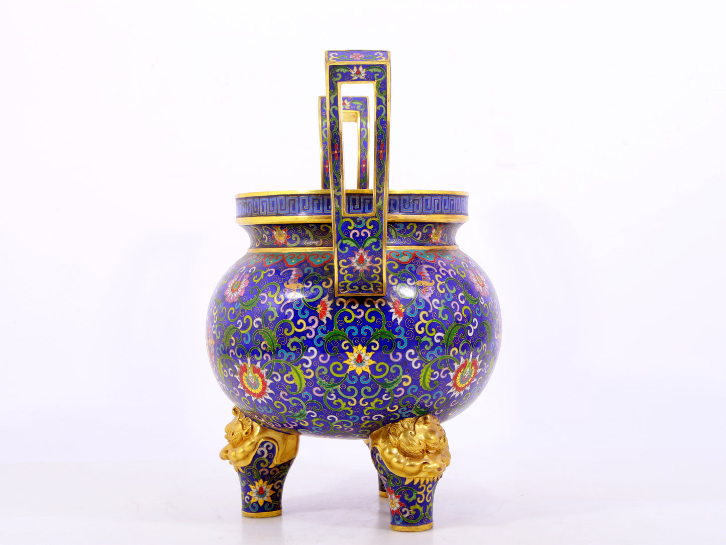 A cloisonné bat pattern two-eared three-legged incense burner