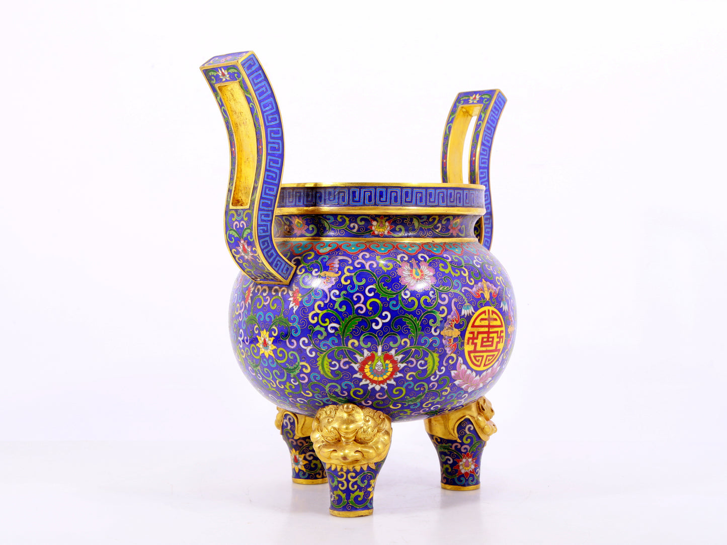 A cloisonné bat pattern two-eared three-legged incense burner