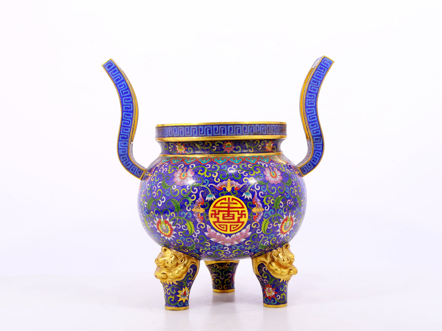 A cloisonné bat pattern two-eared three-legged incense burner