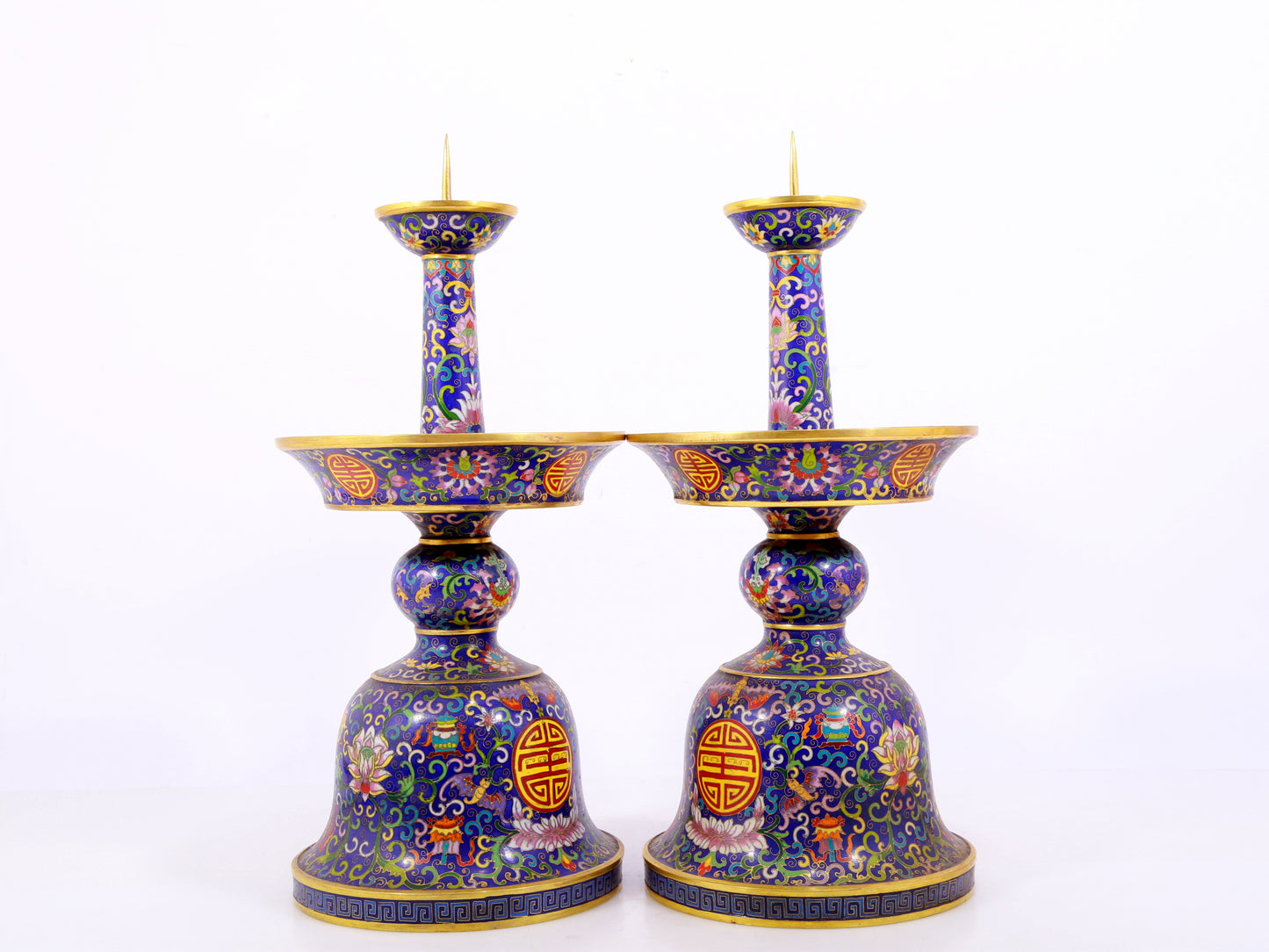 Pair of cloisonné candlesticks with lotus pattern