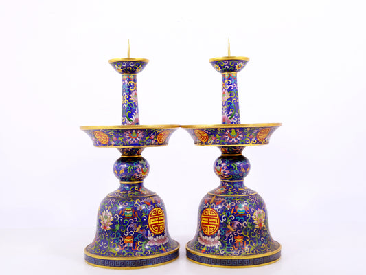 Pair of cloisonné candlesticks with lotus pattern