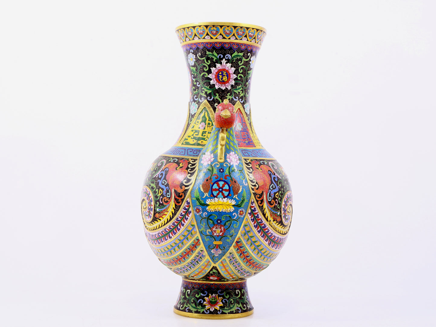 A pair of cloisonne flower-patterned phoenix-ear vases