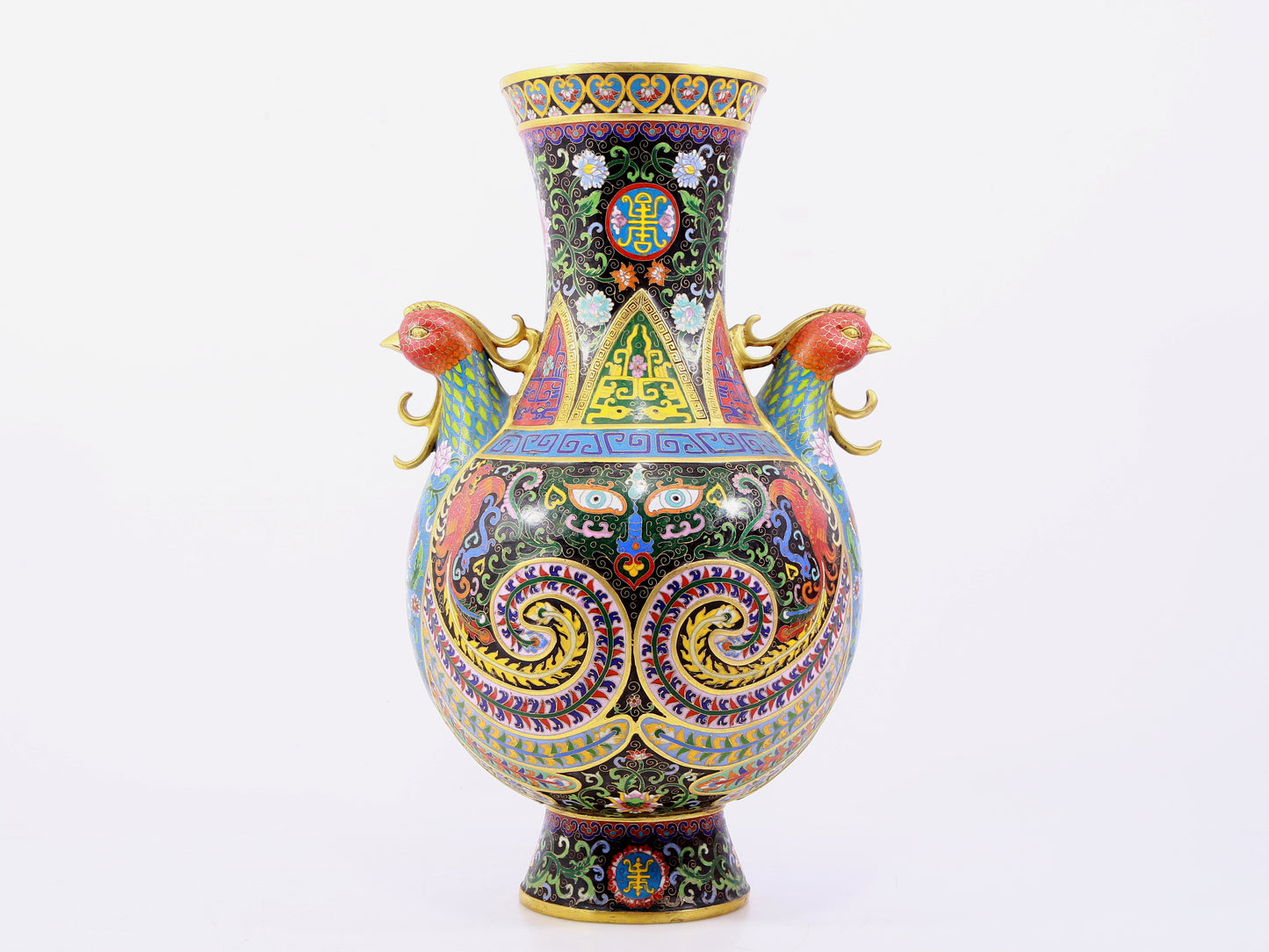 A pair of cloisonne flower-patterned phoenix-ear vases