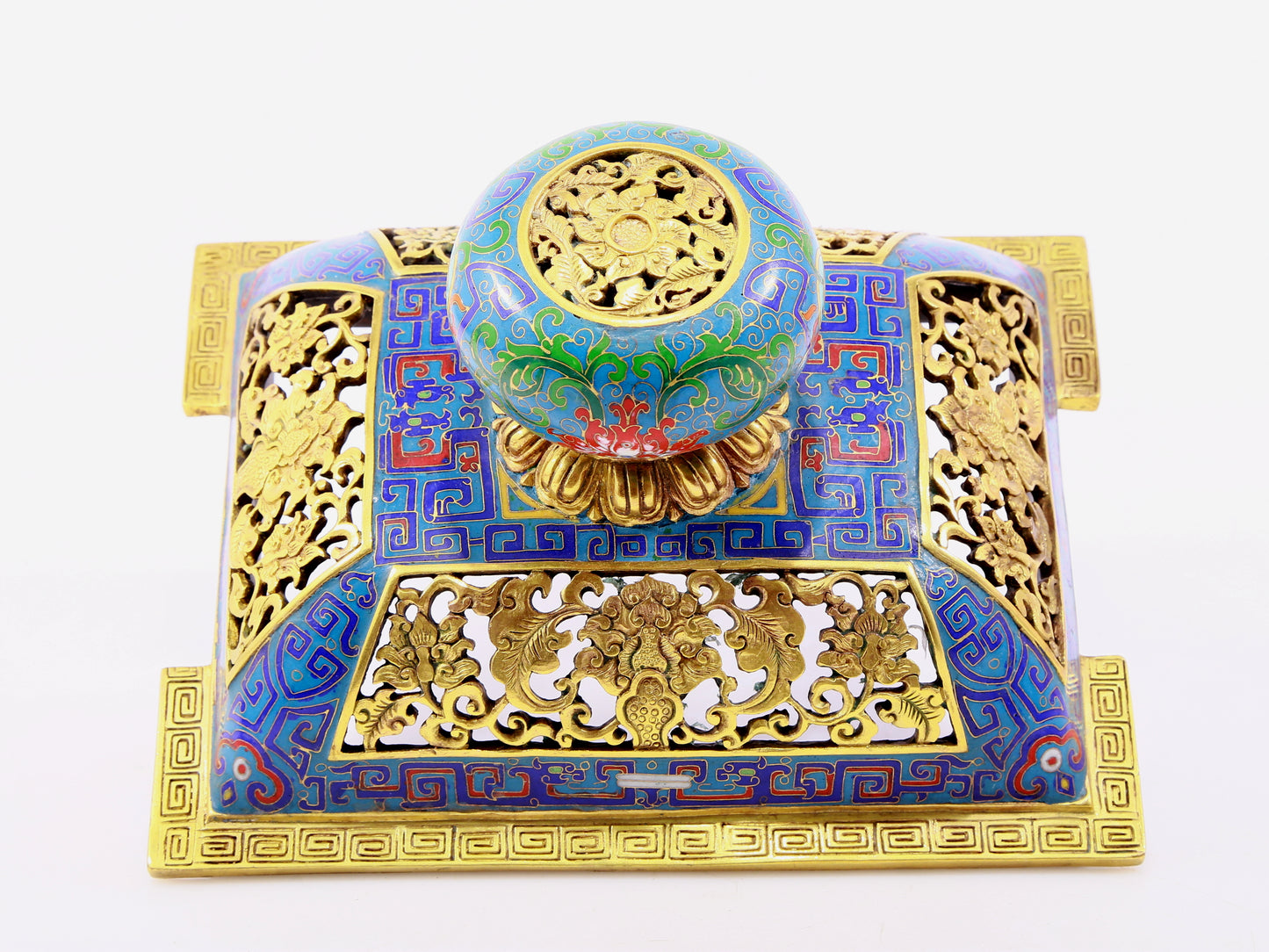 Cloisonné and Arabic Two-Eared Four-Legged Covered Incense Burner