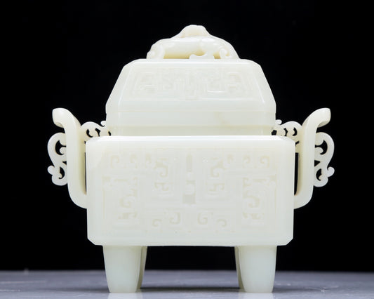 A Precious White Jade 'Animal Mask' Quadripod Censer And Cover