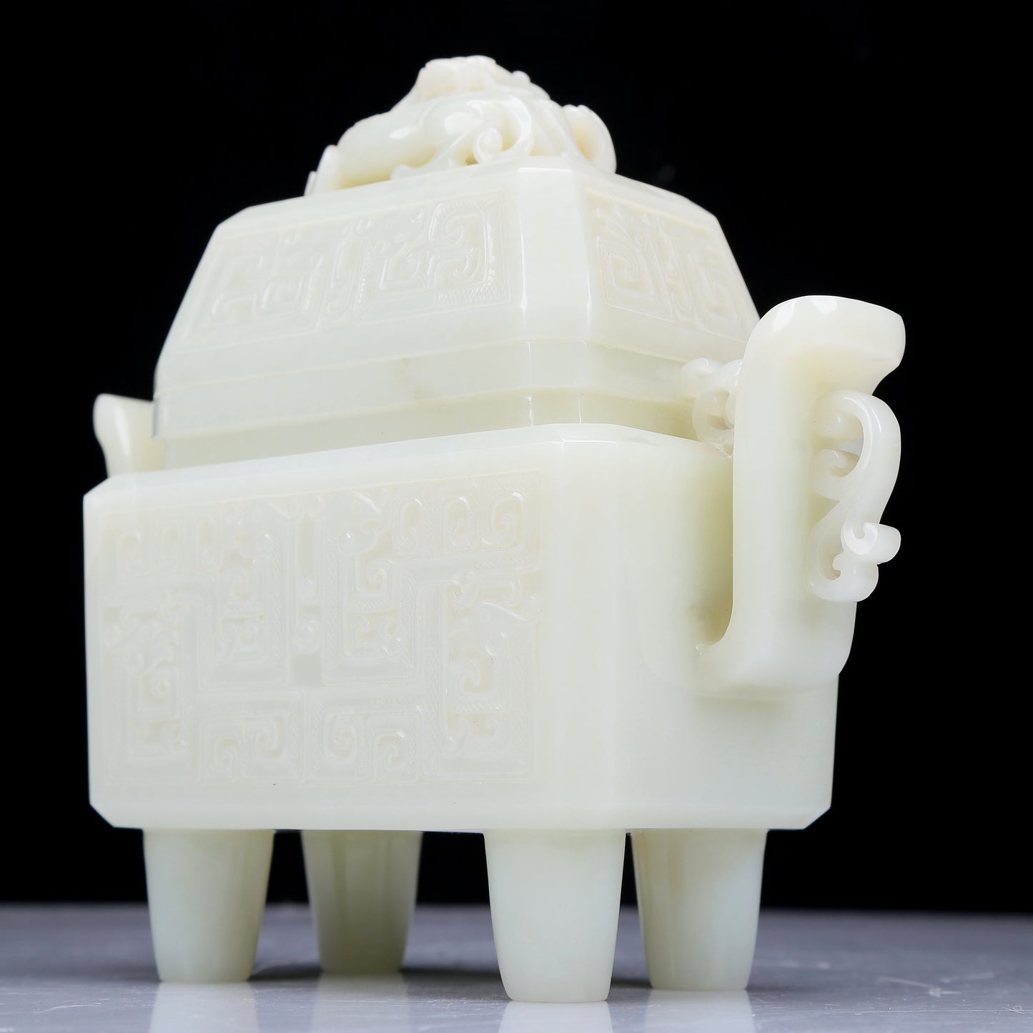 A Precious White Jade 'Animal Mask' Quadripod Censer And Cover