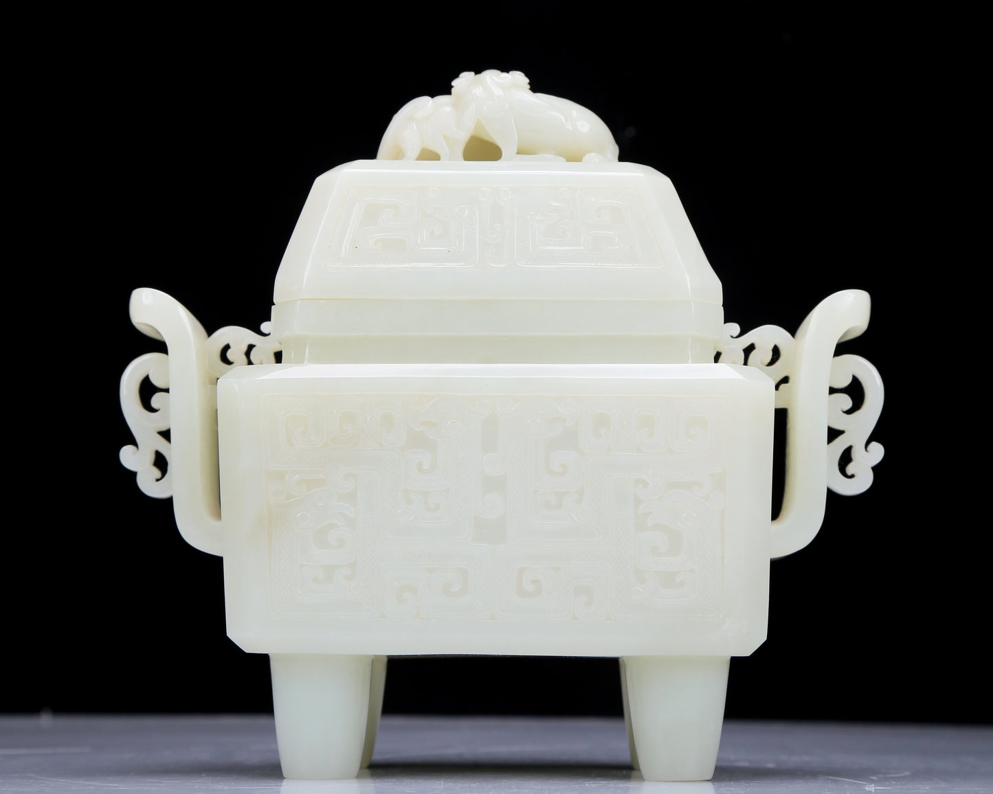 A Precious White Jade 'Animal Mask' Quadripod Censer And Cover