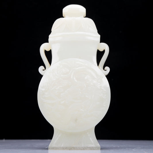 Precious White Jade 'Dragon& Auspicious Cloud' Vase And Cover