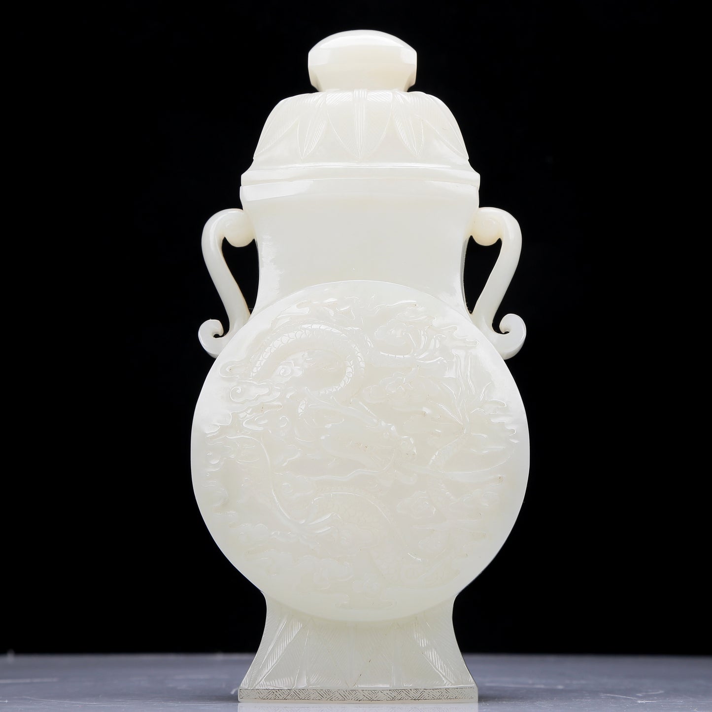 Precious White Jade 'Dragon& Auspicious Cloud' Vase And Cover