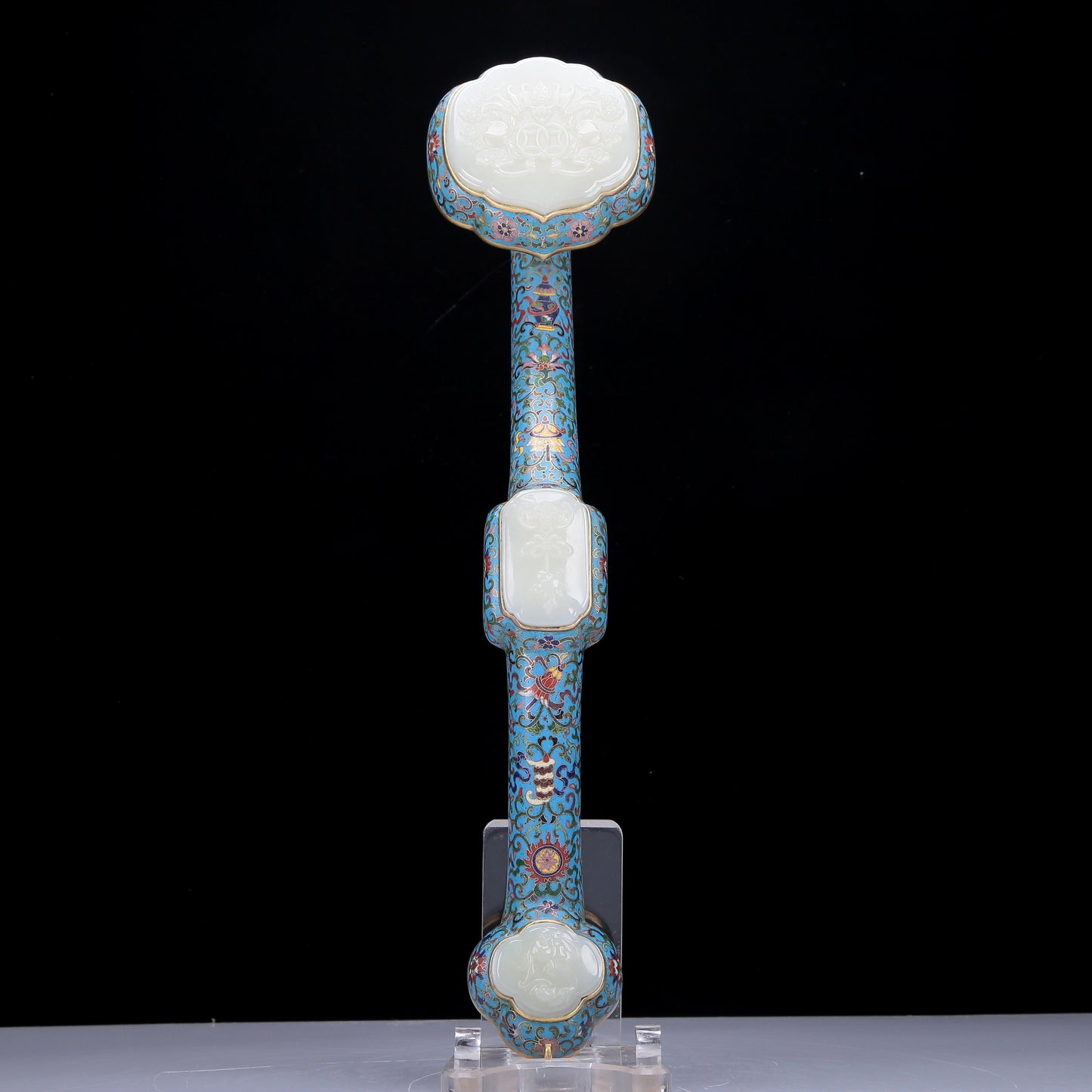 A Precious Cloisonne White Jade-Inlaid 'Scrolling Lotus& Bat' Ruyi Scepter