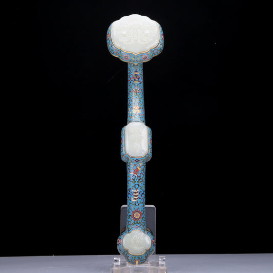 A Precious Cloisonne White Jade-Inlaid 'Scrolling Lotus& Bat' Ruyi Scepter