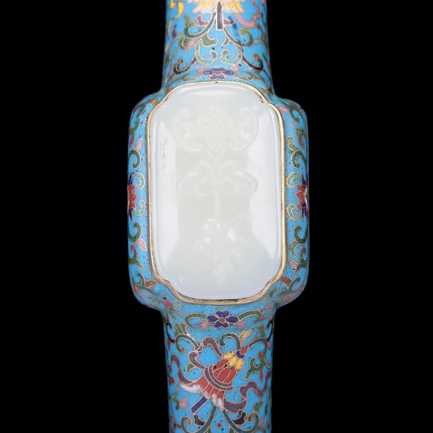 A Precious Cloisonne White Jade-Inlaid 'Scrolling Lotus& Bat' Ruyi Scepter