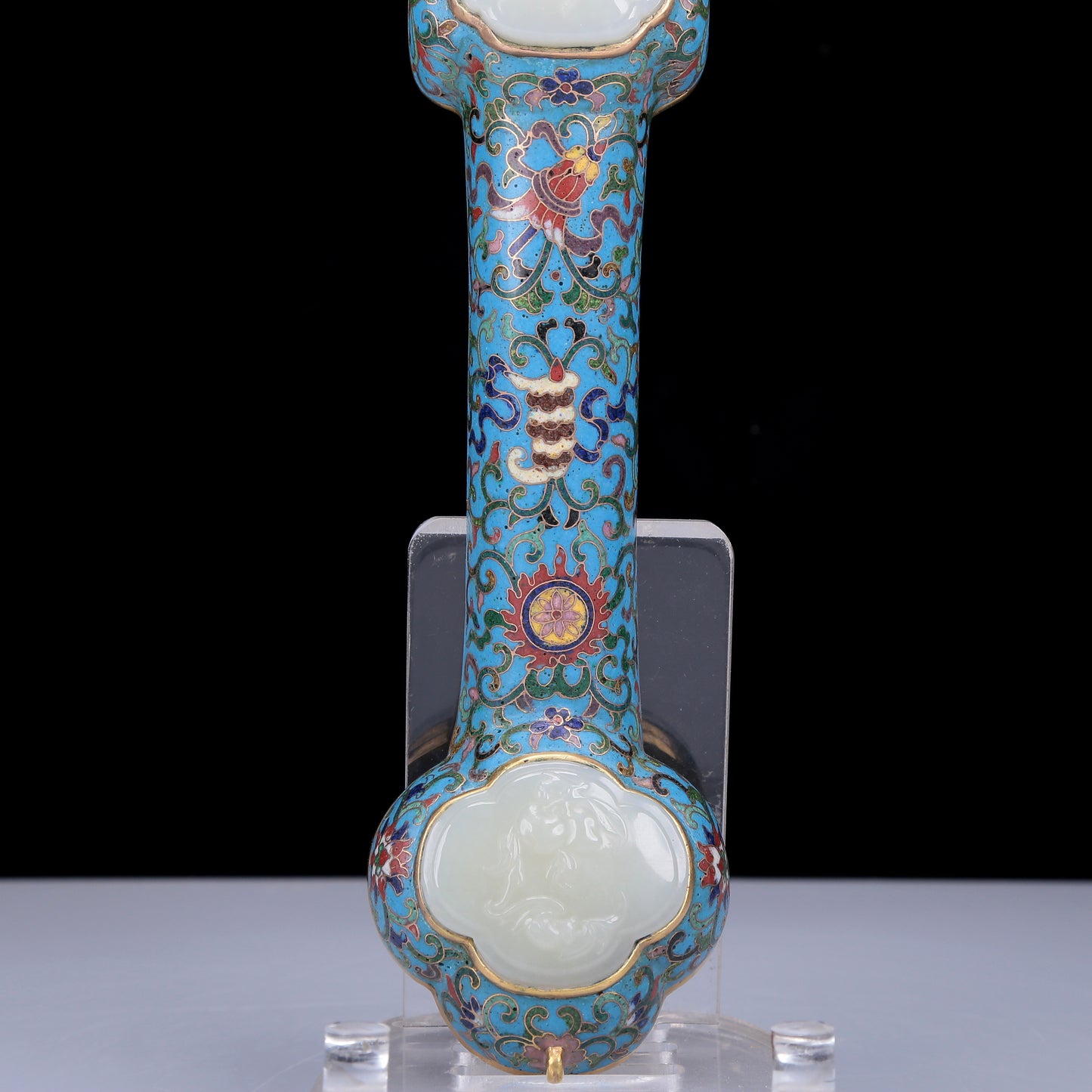 A Precious Cloisonne White Jade-Inlaid 'Scrolling Lotus& Bat' Ruyi Scepter