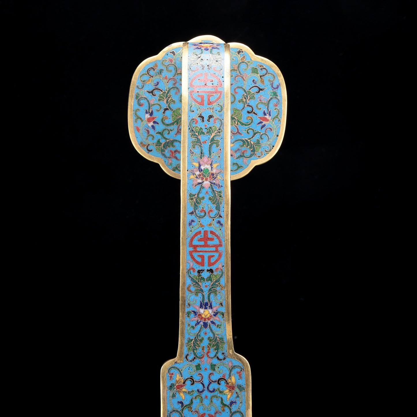 A Precious Cloisonne White Jade-Inlaid 'Scrolling Lotus& Bat' Ruyi Scepter