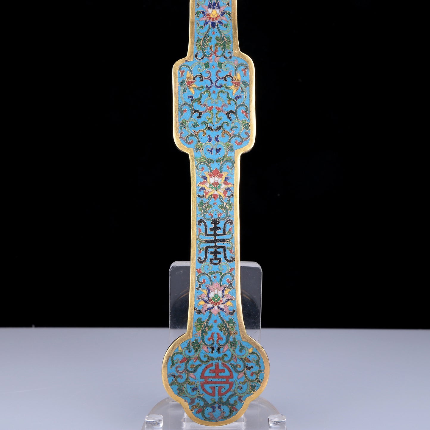 A Precious Cloisonne White Jade-Inlaid 'Scrolling Lotus& Bat' Ruyi Scepter