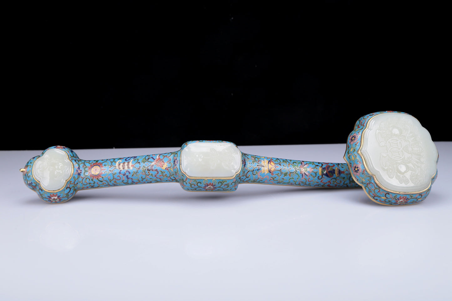 A Precious Cloisonne White Jade-Inlaid 'Scrolling Lotus& Bat' Ruyi Scepter