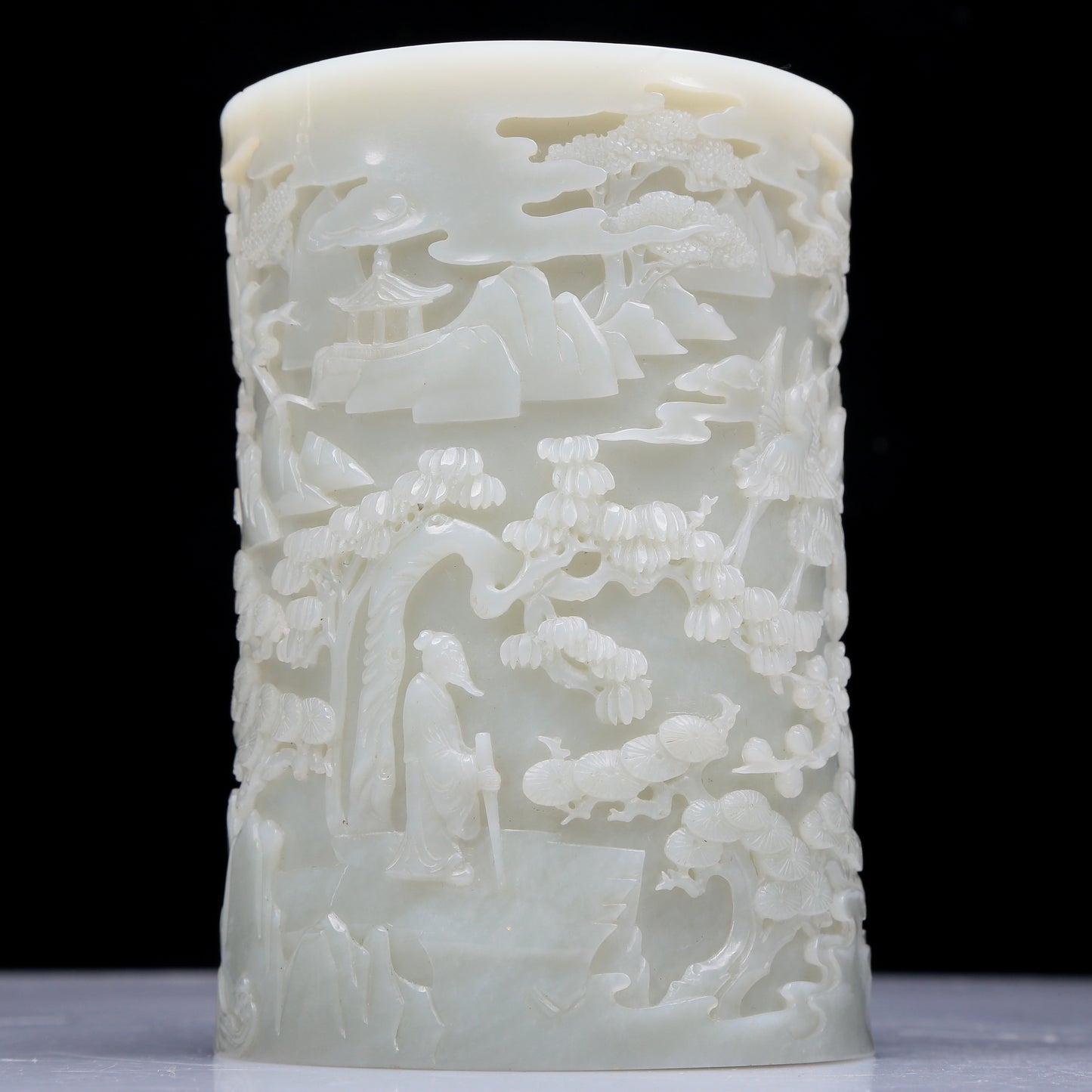 A Precious White Jade 'Figure& Landscape' Brush Pot