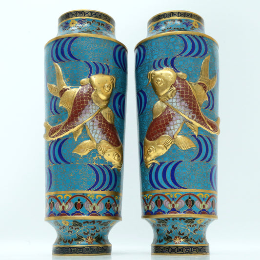 A Fine Pair Of Cloisonne 'Fish' Vases