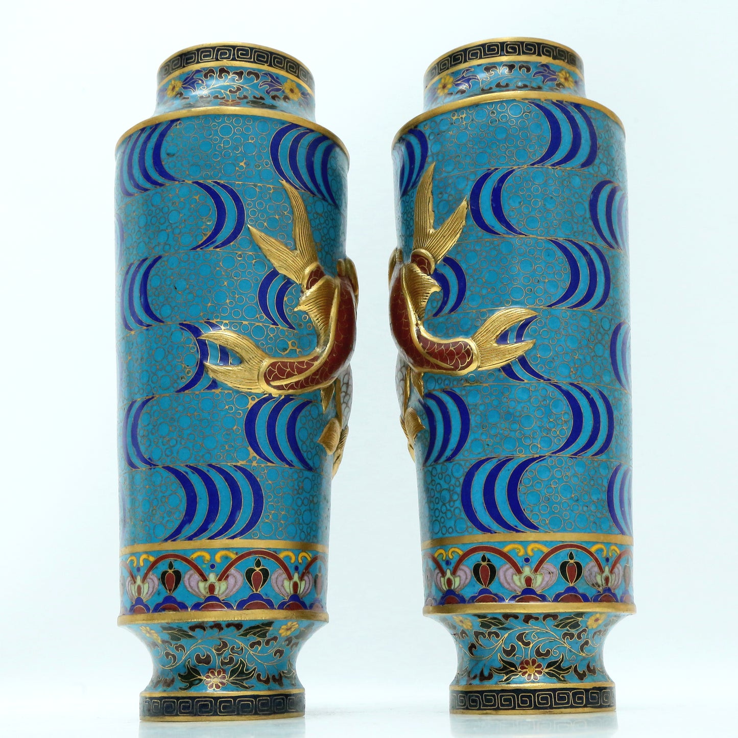 A Fine Pair Of Cloisonne 'Fish' Vases