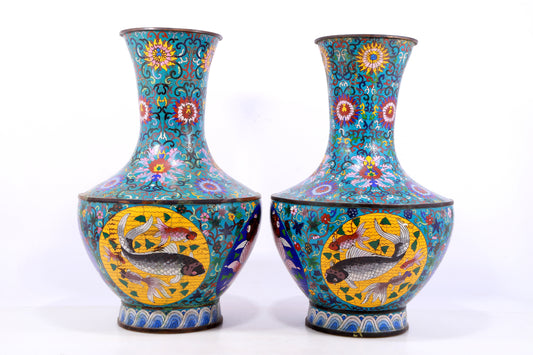 A Perfect Pair of Cloisonné Floral Fish Pattern Bottles