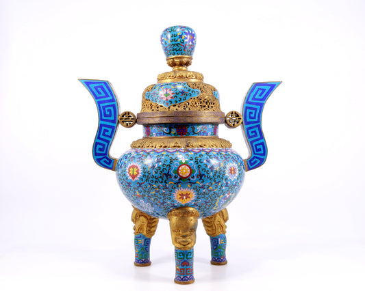 A cloisonne lotus pattern double-eared tripod censer with lid