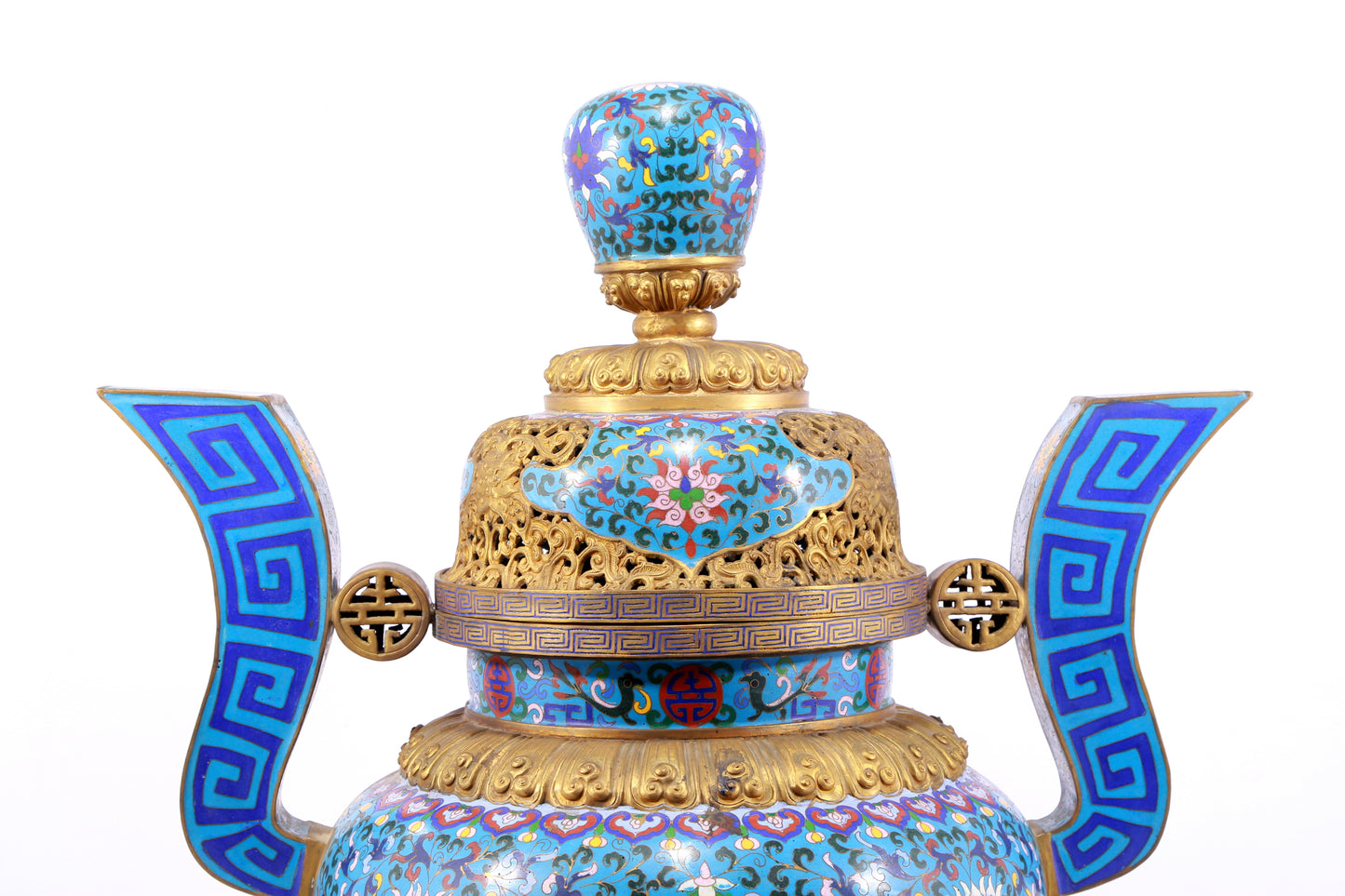 A cloisonne lotus pattern double-eared tripod censer with lid