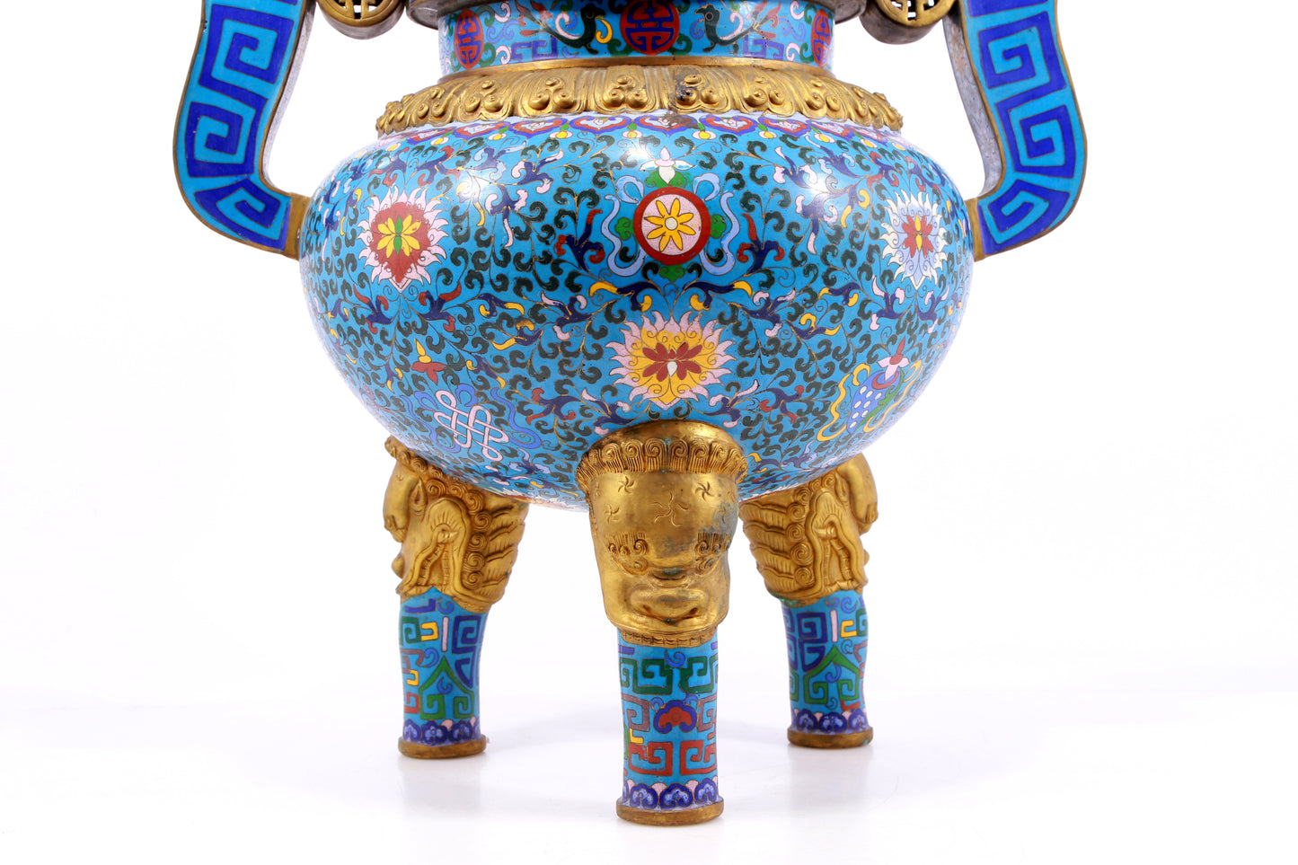 A cloisonne lotus pattern double-eared tripod censer with lid