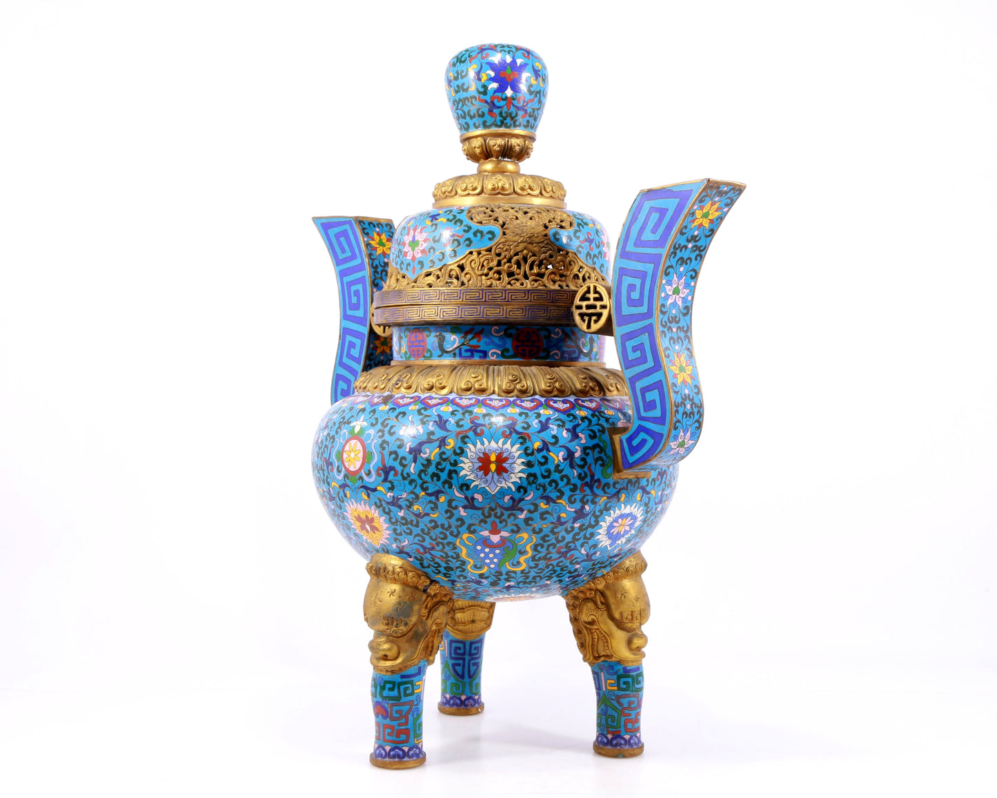 A cloisonne lotus pattern double-eared tripod censer with lid