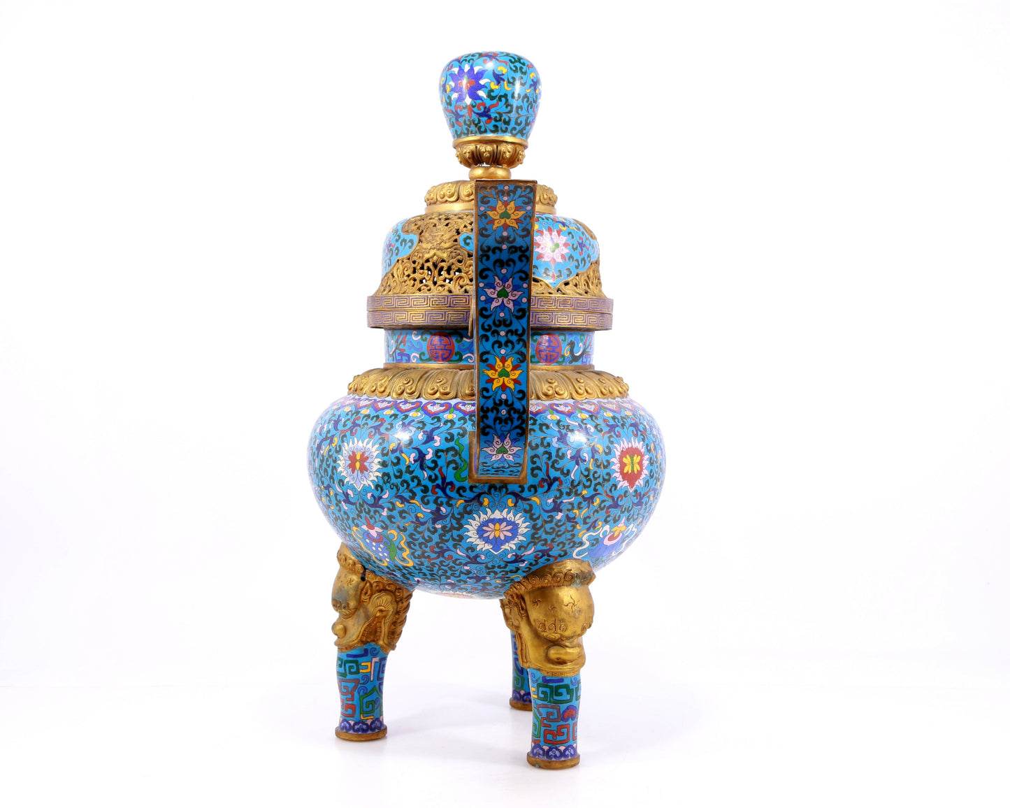 A cloisonne lotus pattern double-eared tripod censer with lid