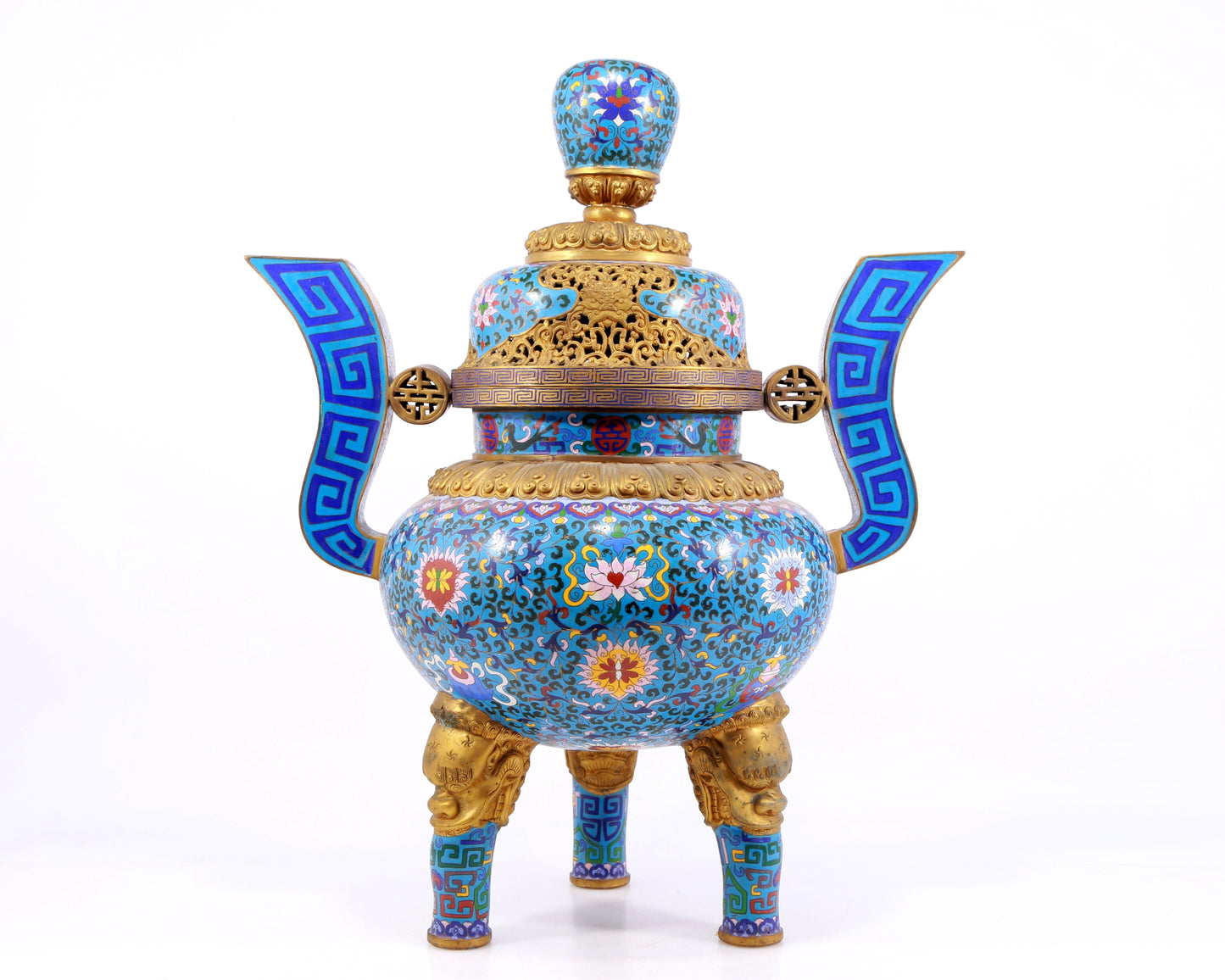 A cloisonne lotus pattern double-eared tripod censer with lid