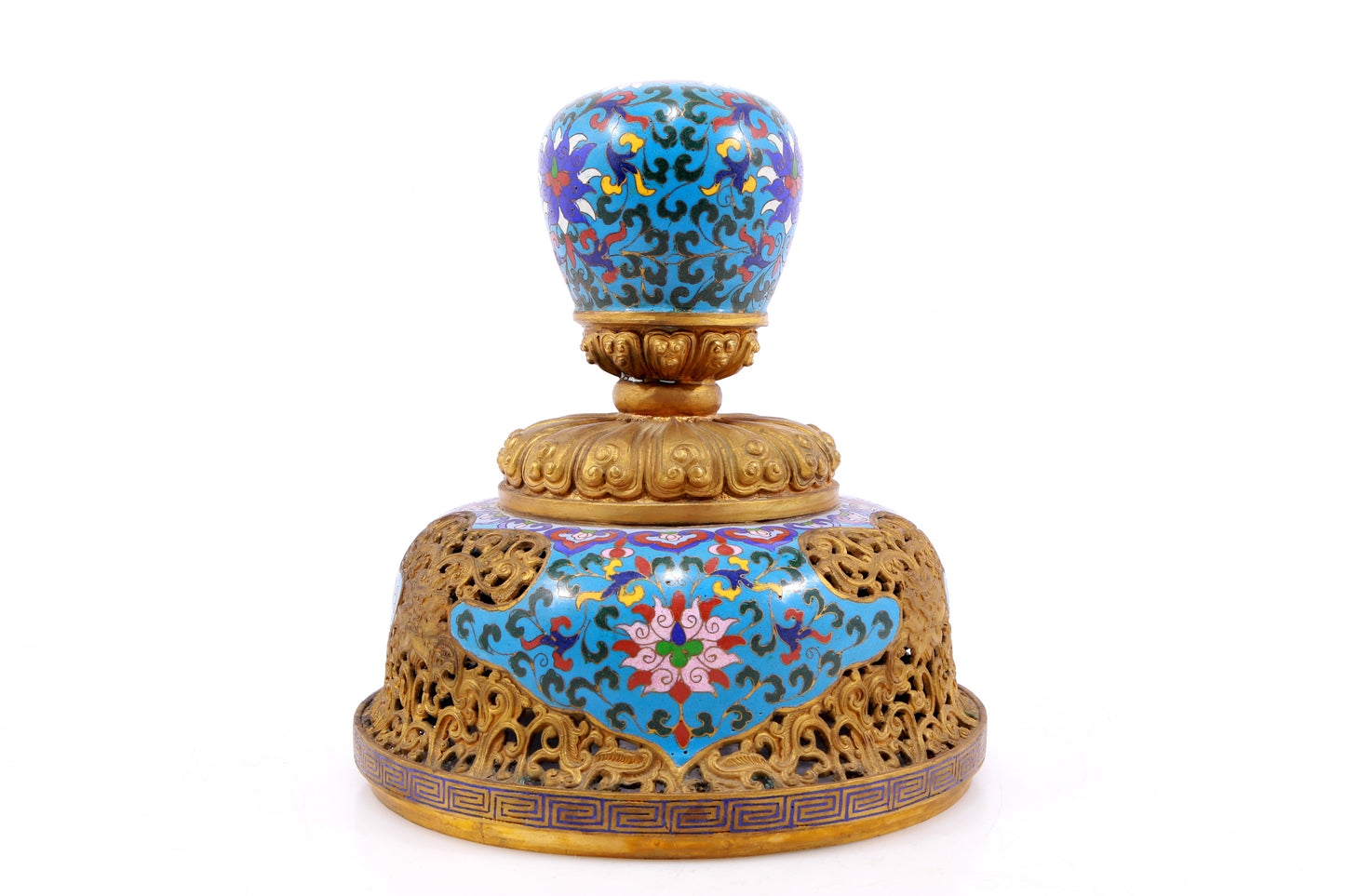 A cloisonne lotus pattern double-eared tripod censer with lid