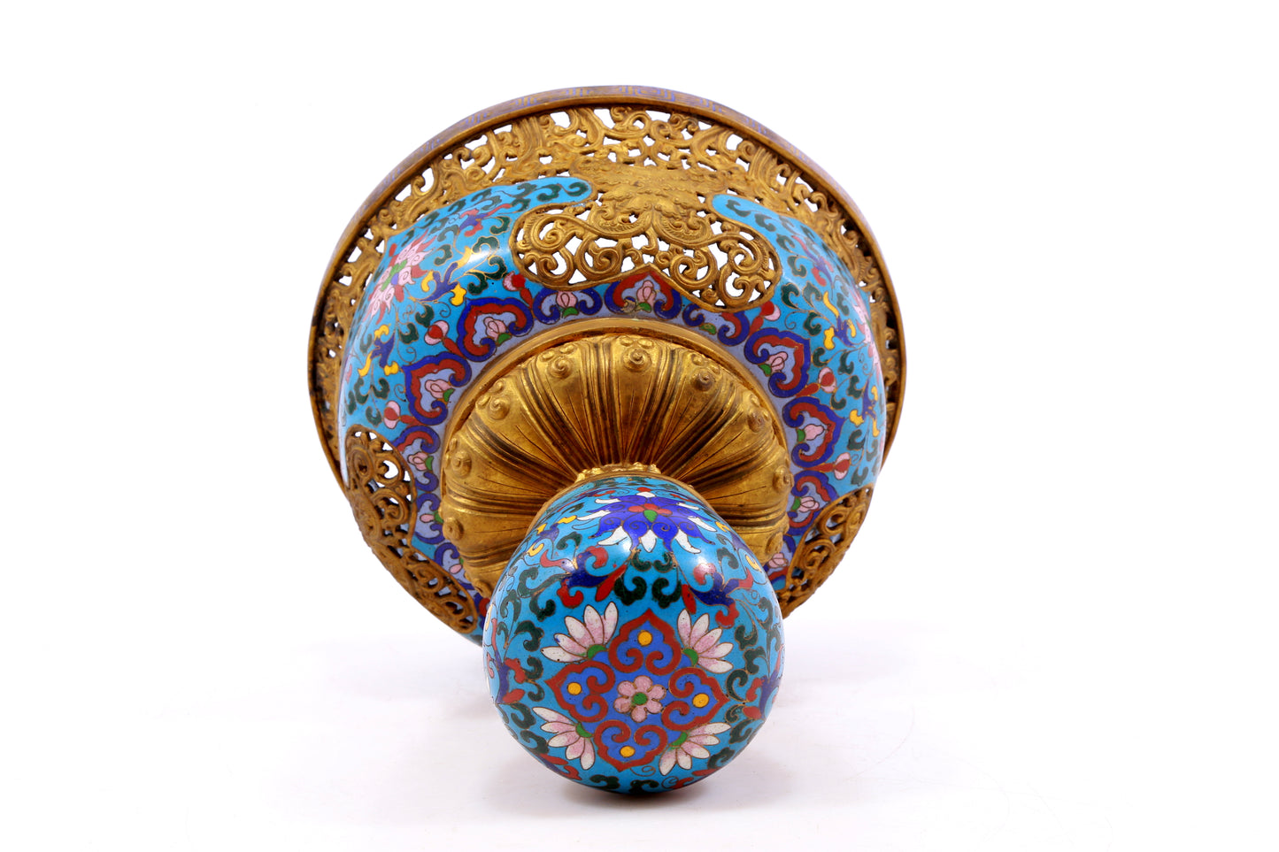 A cloisonne lotus pattern double-eared tripod censer with lid