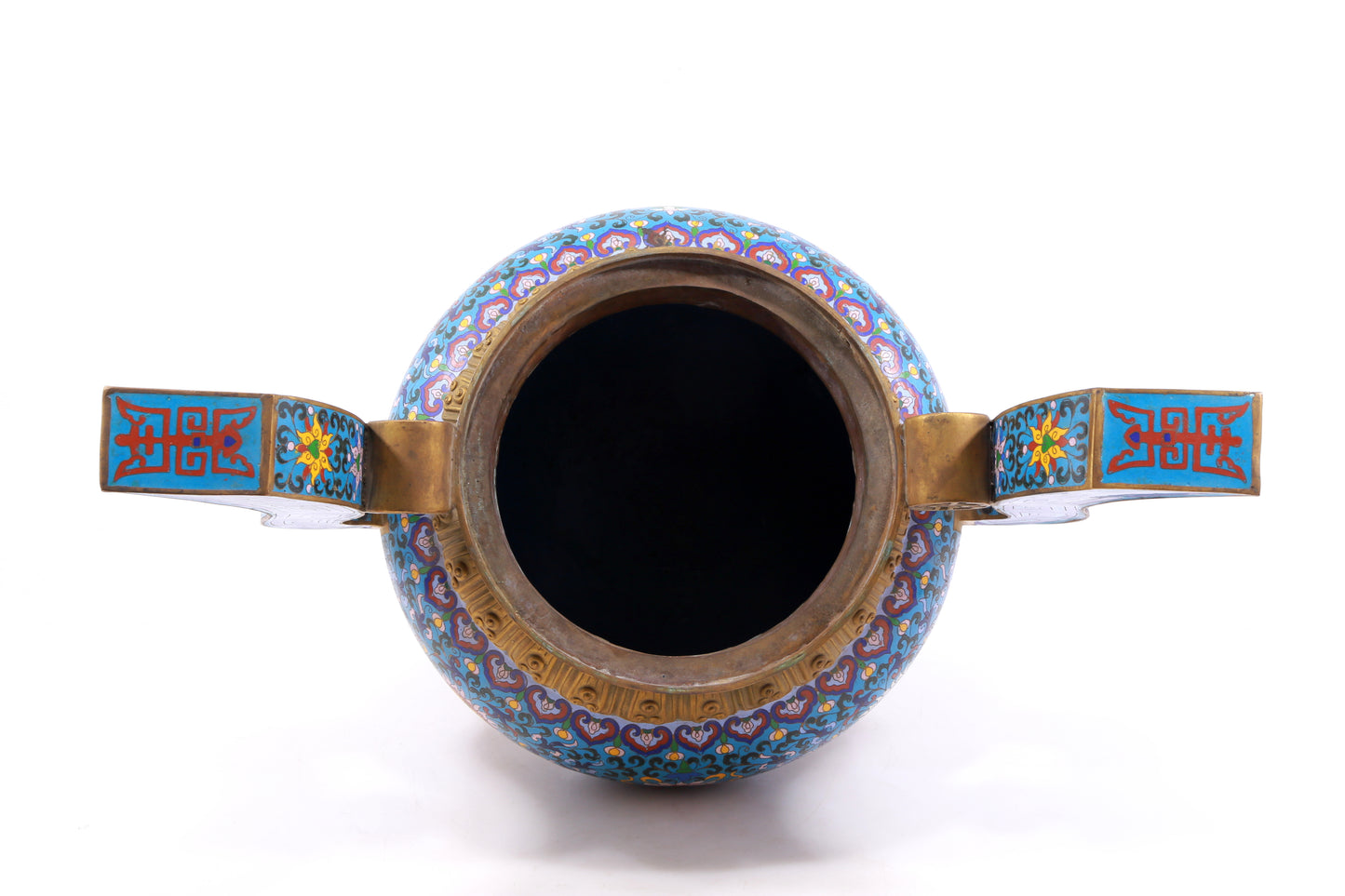 A cloisonne lotus pattern double-eared tripod censer with lid