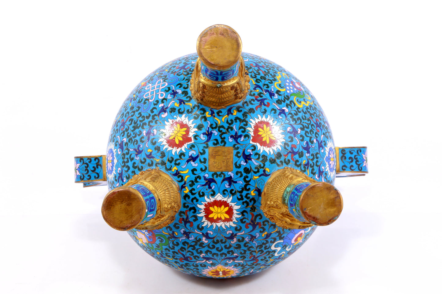 A cloisonne lotus pattern double-eared tripod censer with lid