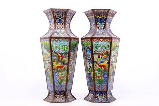 A perfect pair of cloisonné 'crane and deer' vases