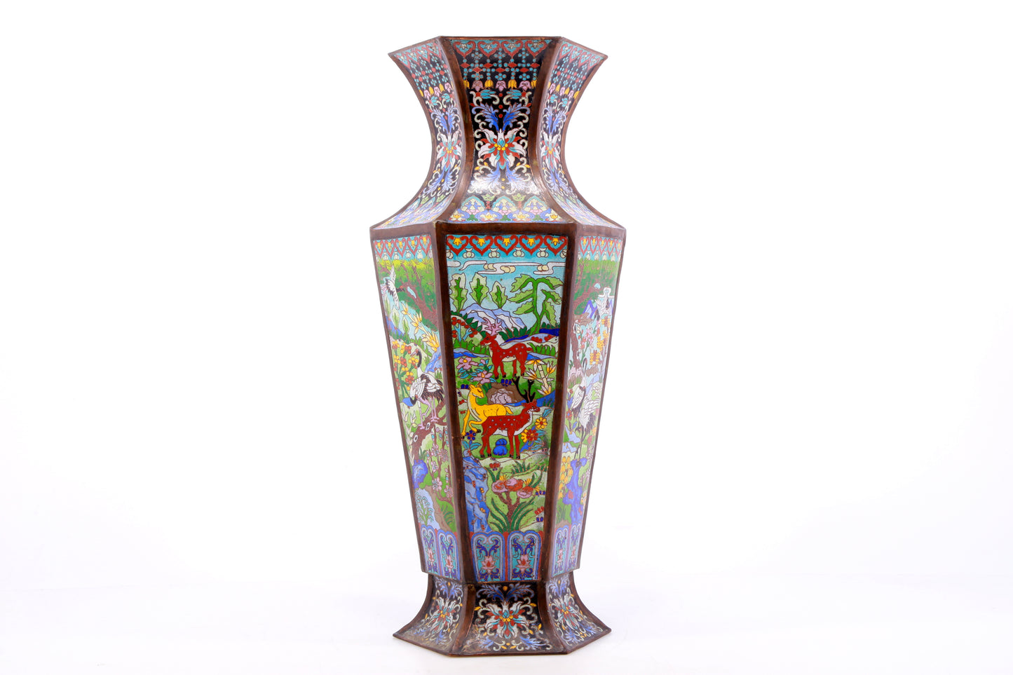 A perfect pair of cloisonné 'crane and deer' vases