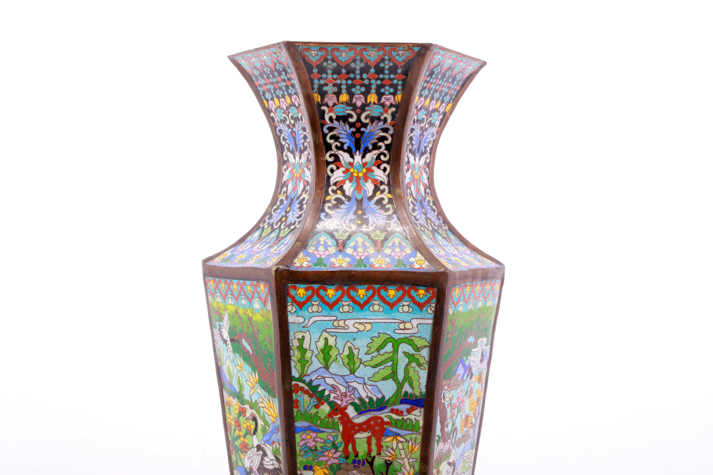 A perfect pair of cloisonné 'crane and deer' vases