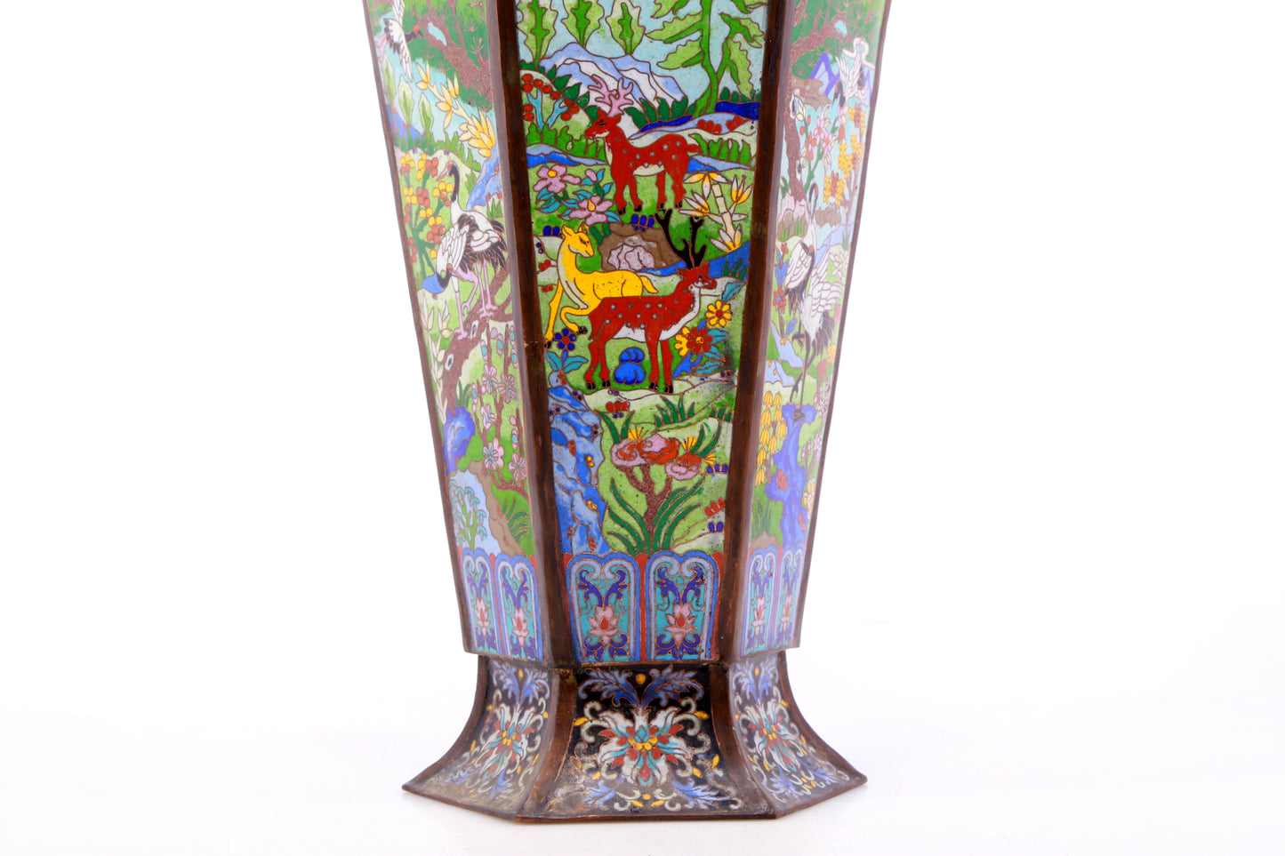 A perfect pair of cloisonné 'crane and deer' vases