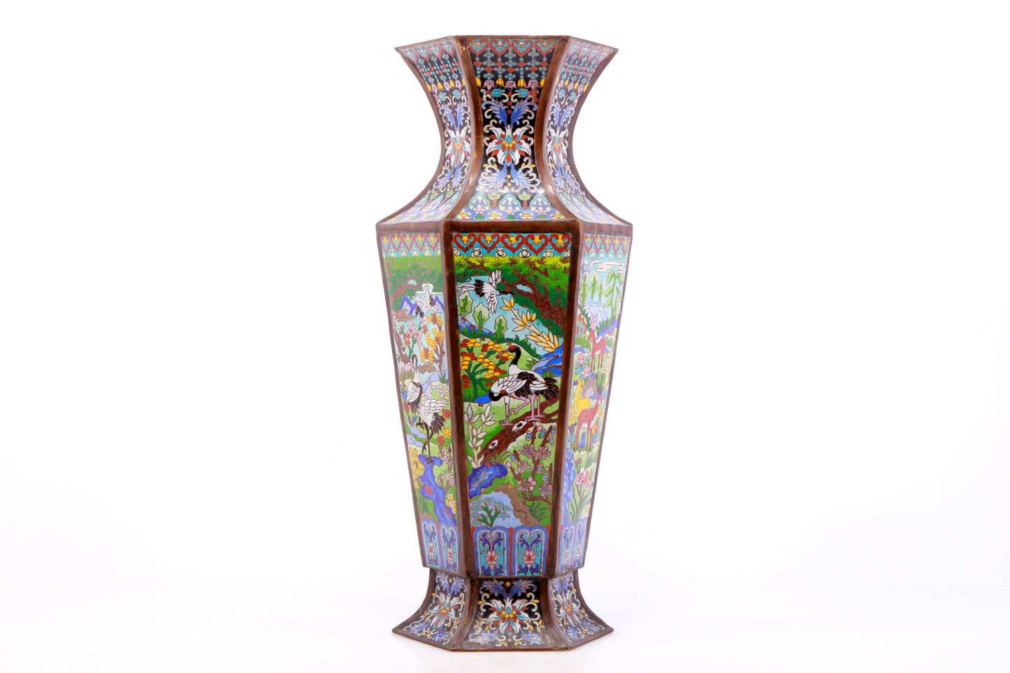 A perfect pair of cloisonné 'crane and deer' vases