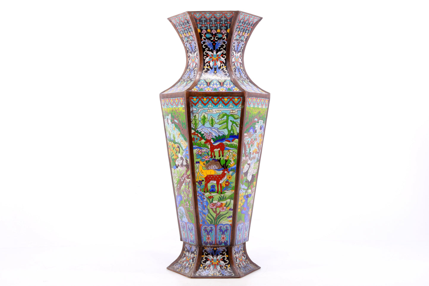 A perfect pair of cloisonné 'crane and deer' vases