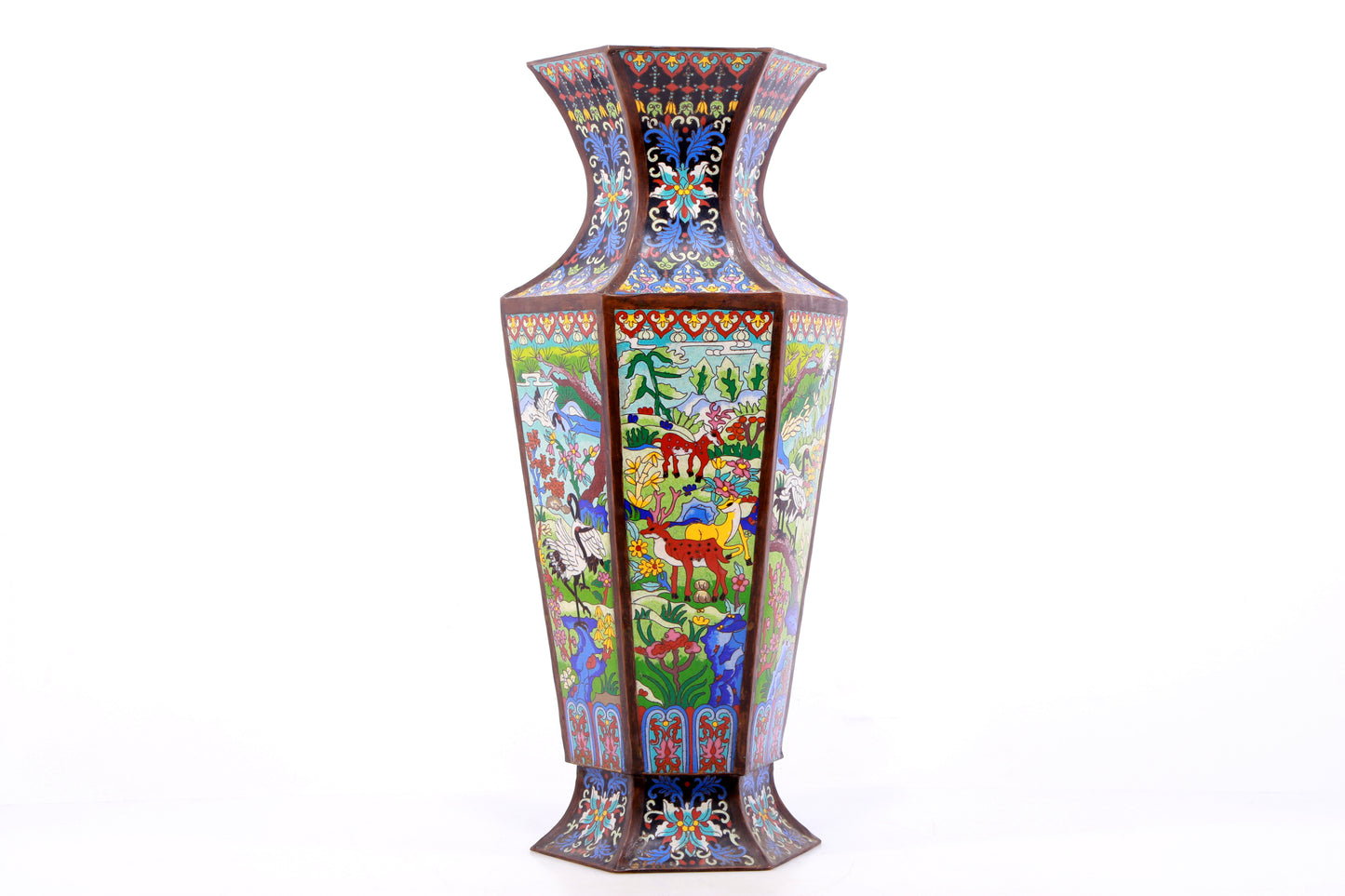 A perfect pair of cloisonné 'crane and deer' vases