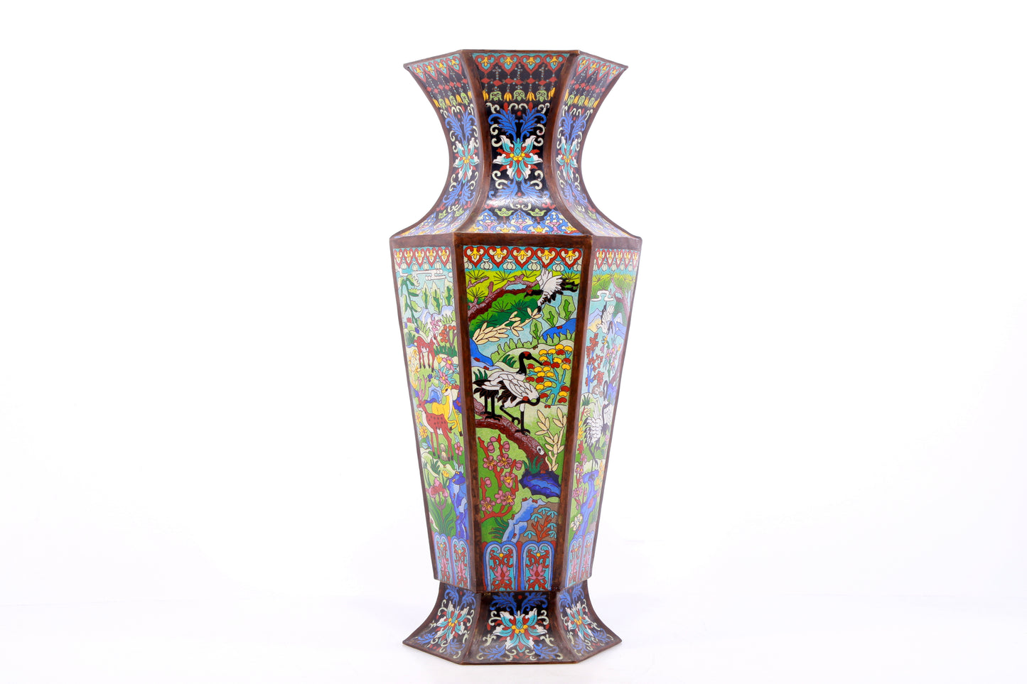 A perfect pair of cloisonné 'crane and deer' vases