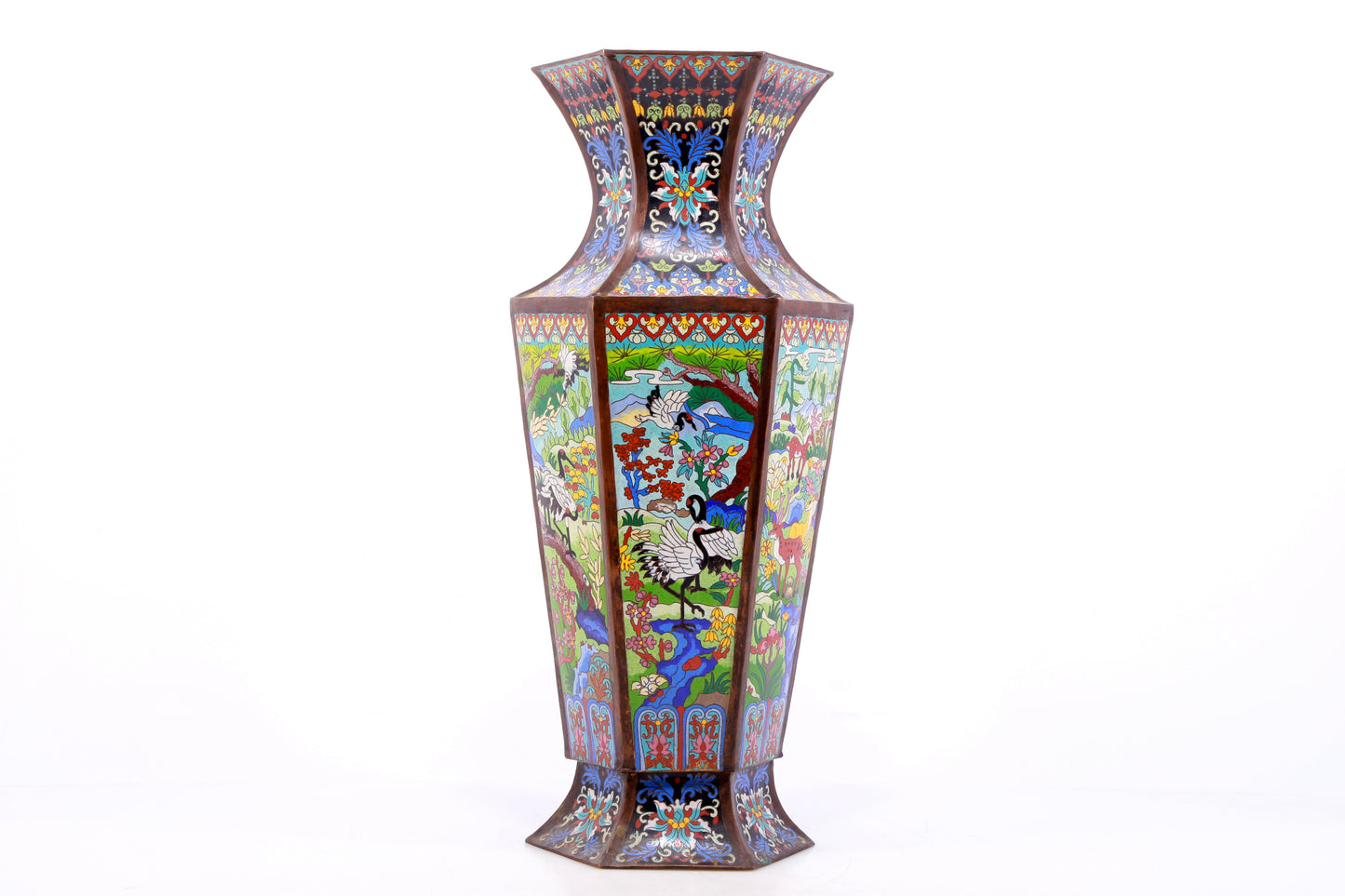 A perfect pair of cloisonné 'crane and deer' vases