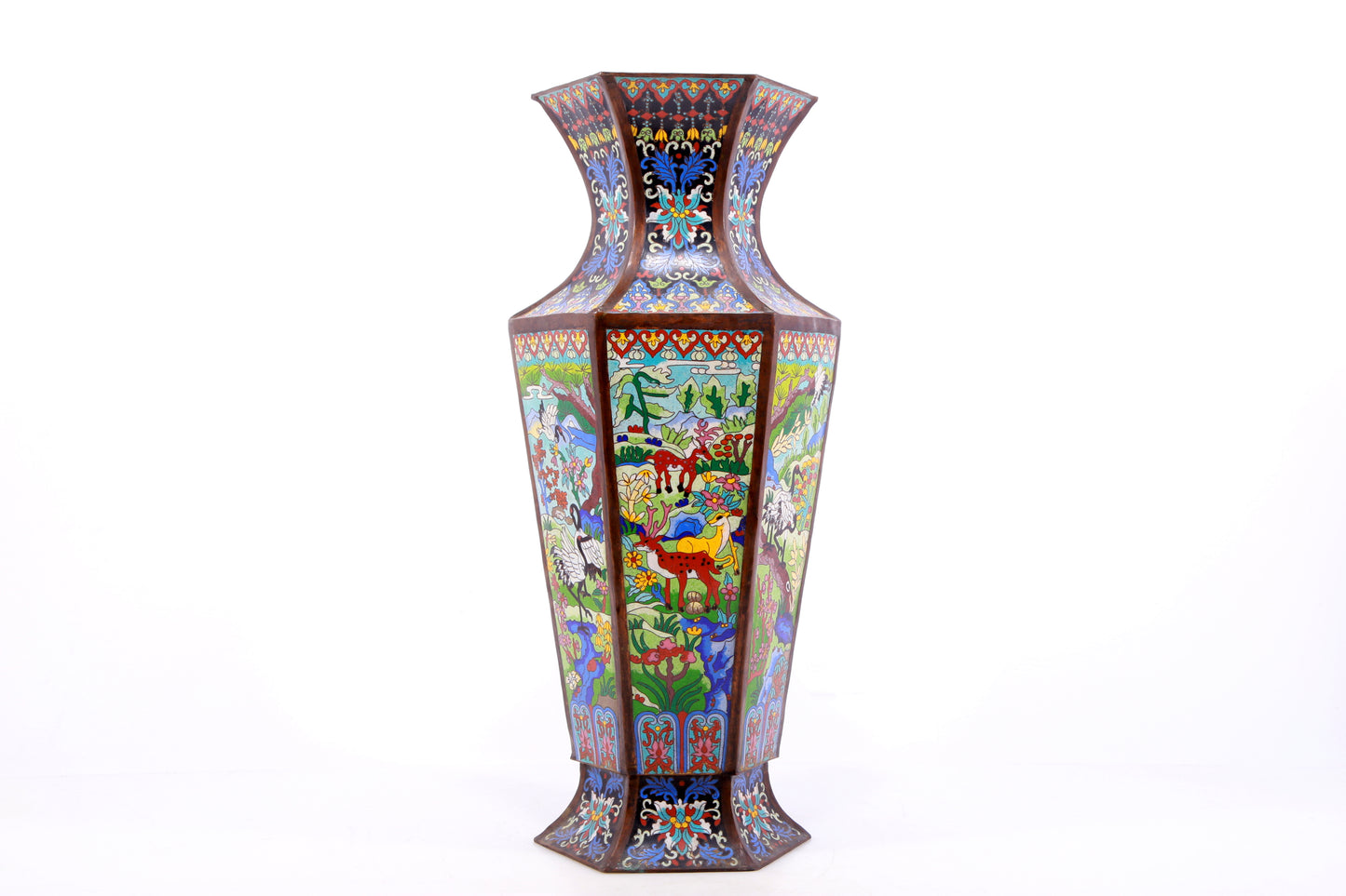 A perfect pair of cloisonné 'crane and deer' vases