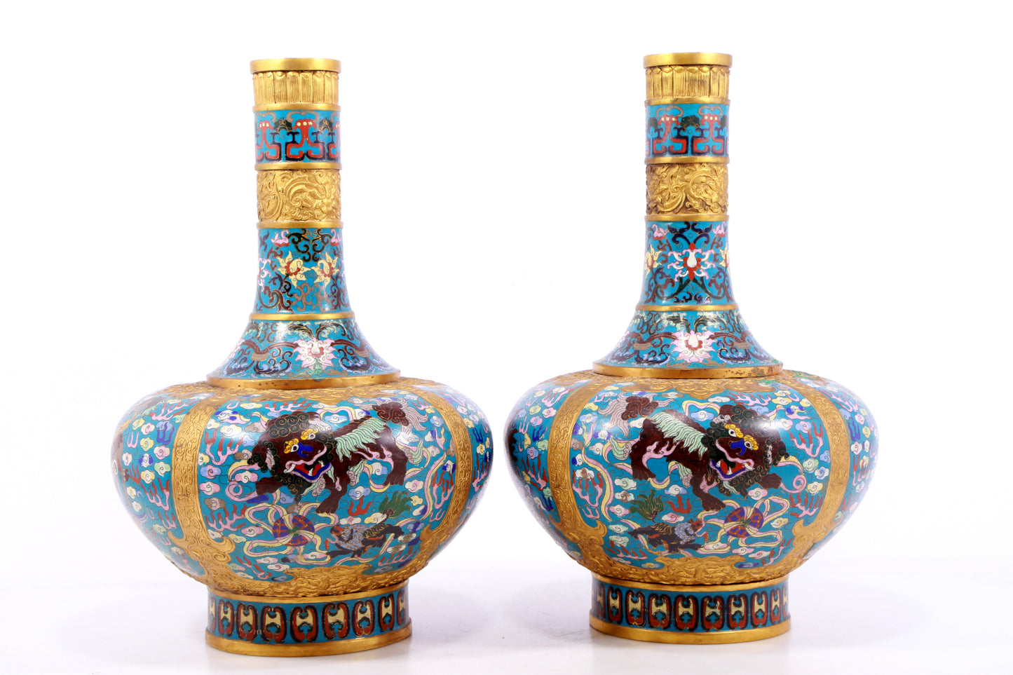 A perfect pair of cloisonné 'cloud and unicorn' patterned vases